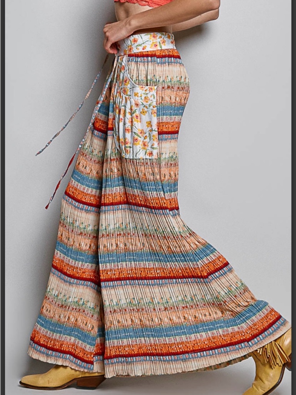 POL Wide-Leg Pleated Boho Pants in Cream, Blue & Orange